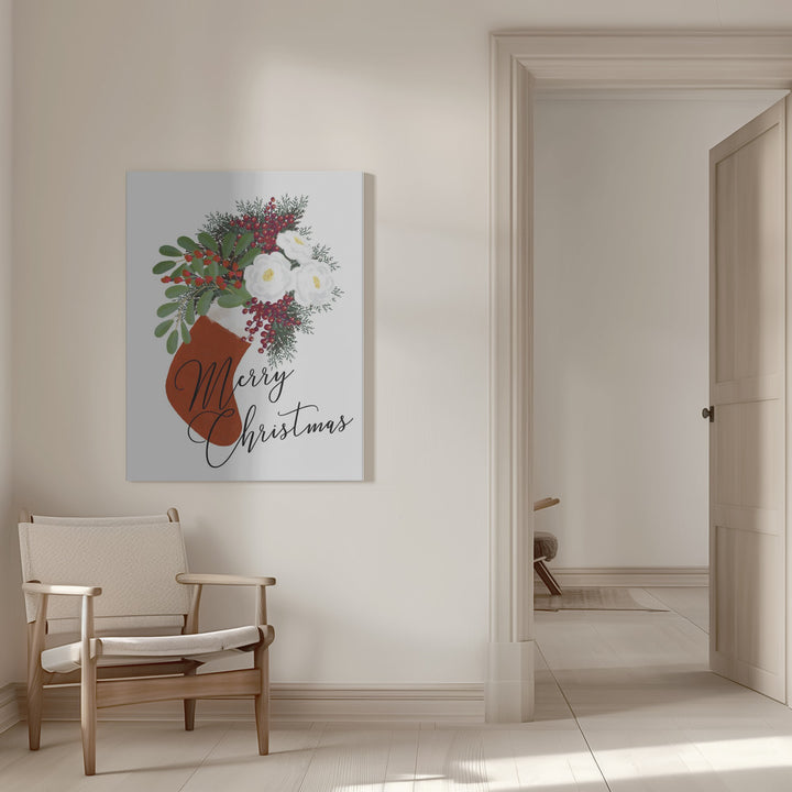 "Floral Stocking Merry Christmas in white" Wrapped Canvas Wall Art