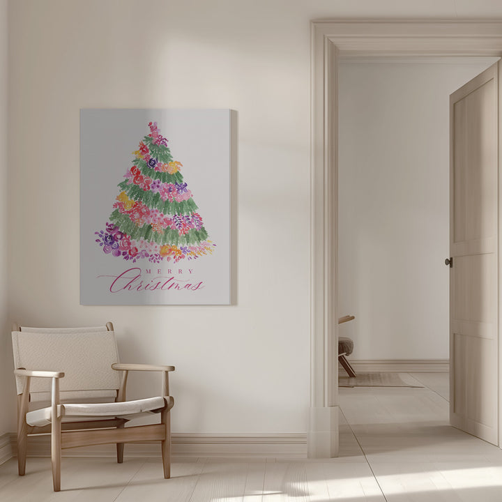 "Floral Christmas tree in pink" Wrapped Canvas Wall Art