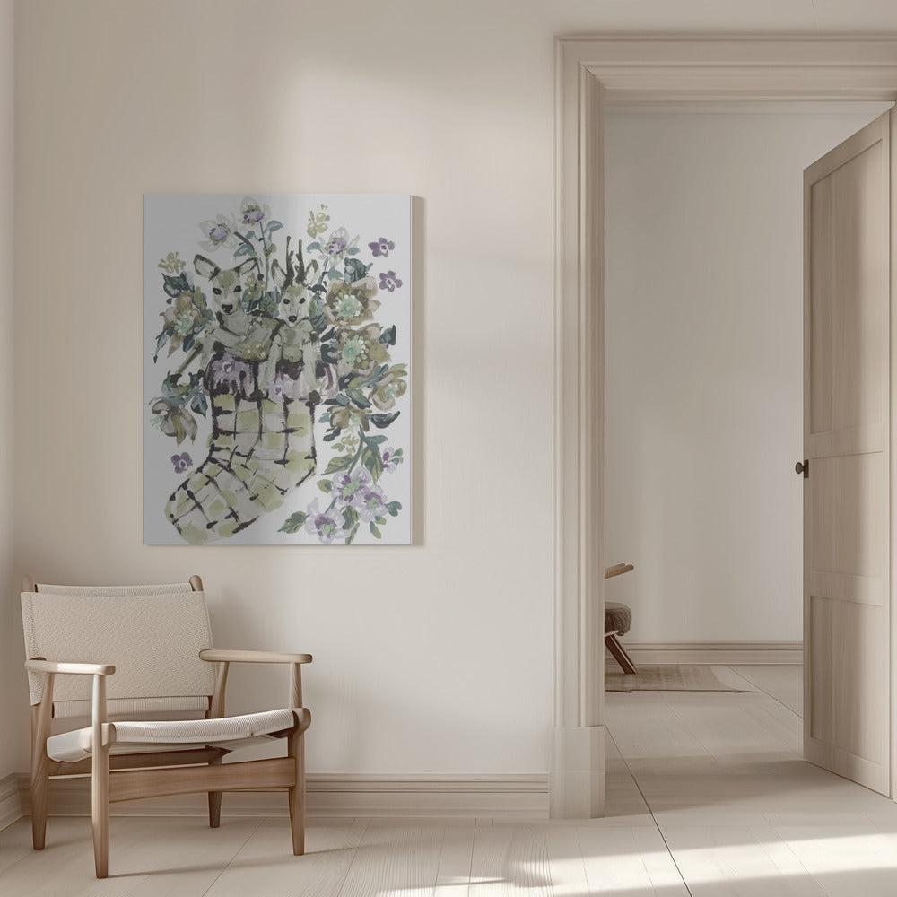 "Deer In Stocking" Wrapped Canvas Wall Art