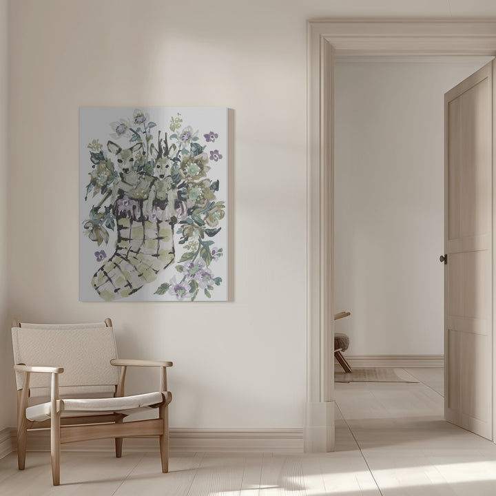 "Deer In Stocking" Wrapped Canvas Wall Art