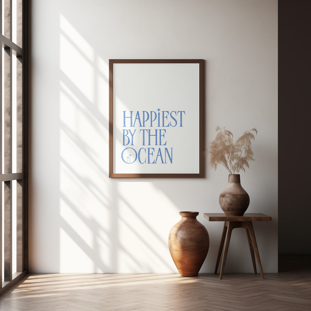 "Happiest by the ocean - summer handlettering text a quote" Framed Textured Wall Art