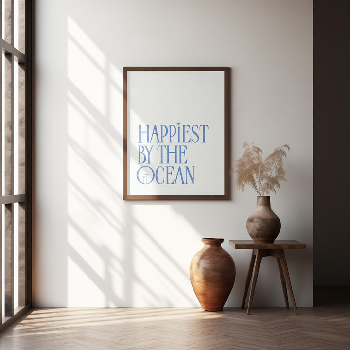 "Happiest by the ocean - summer handlettering text a quote" Framed Textured Wall Art