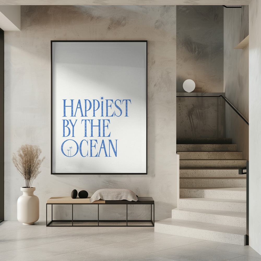 "Happiest by the ocean - summer handlettering text a quote" Framed Textured Wall Art