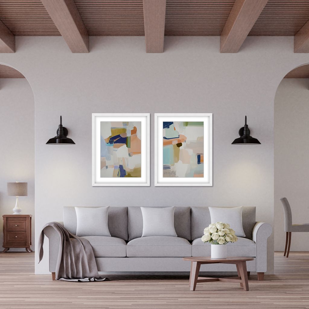 "Opulent Serenity: Pastel Abstract Diptych"  Framed Matted Print Wall Art