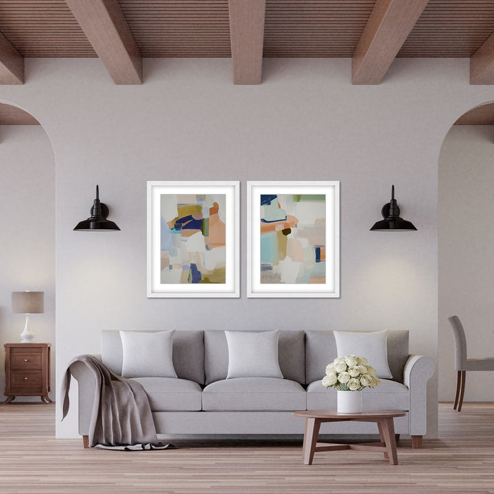 "Opulent Serenity: Pastel Abstract Diptych"  Framed Matted Print Wall Art