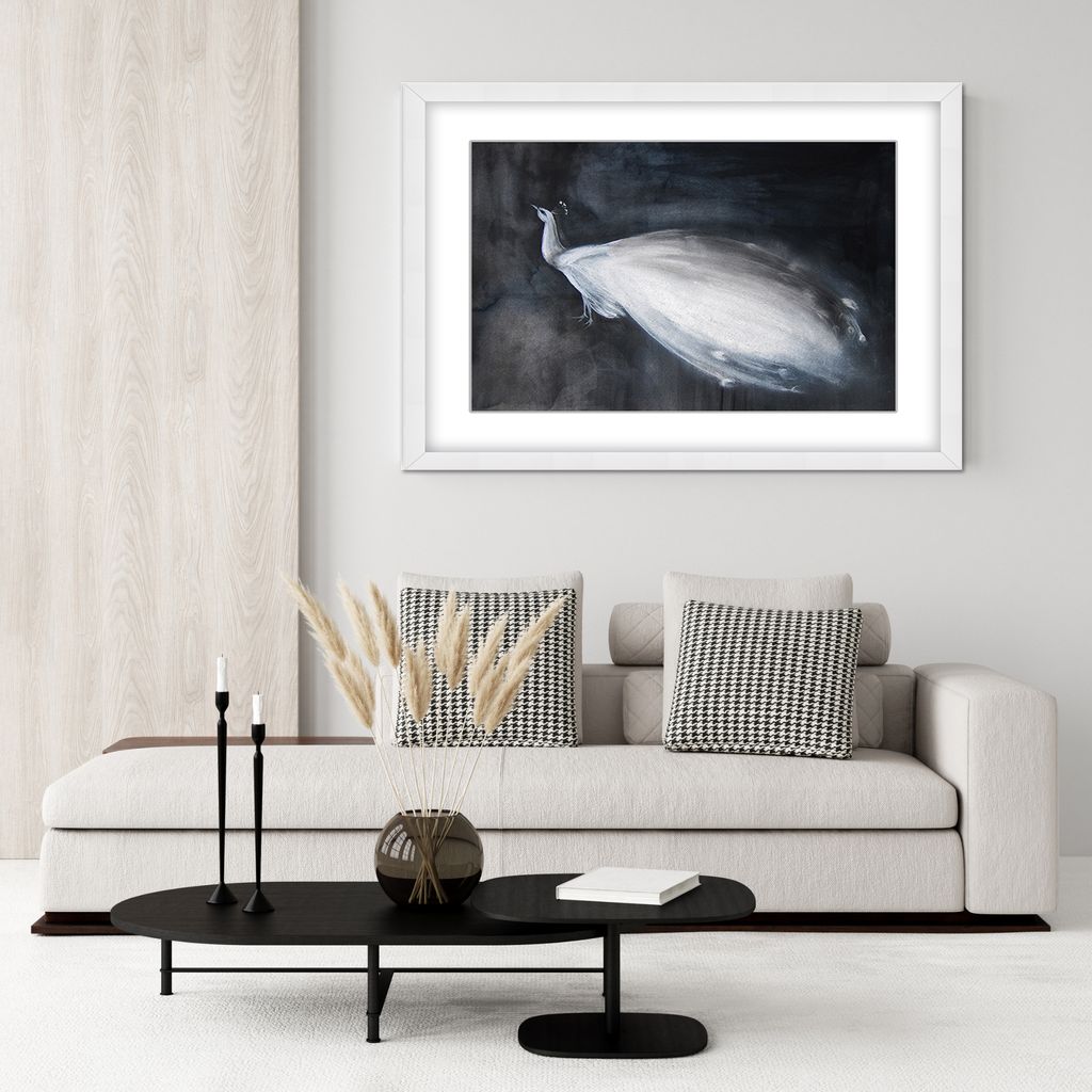 "Portrait of a White Peacock on Black Background" Framed Matted Print Wall Art