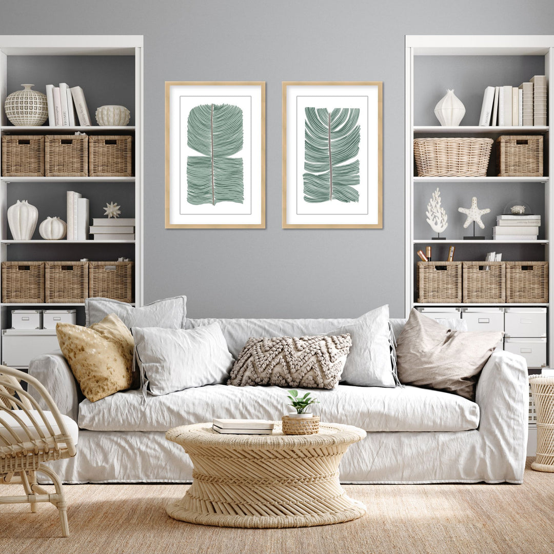 "Tropical Tranquility: Abstract Leaves Diptych" Framed Matted Print Wall Art