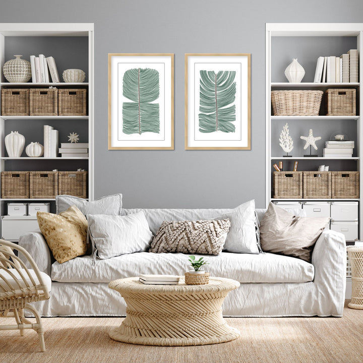 "Tropical Tranquility: Abstract Leaves Diptych" Framed Matted Print Wall Art