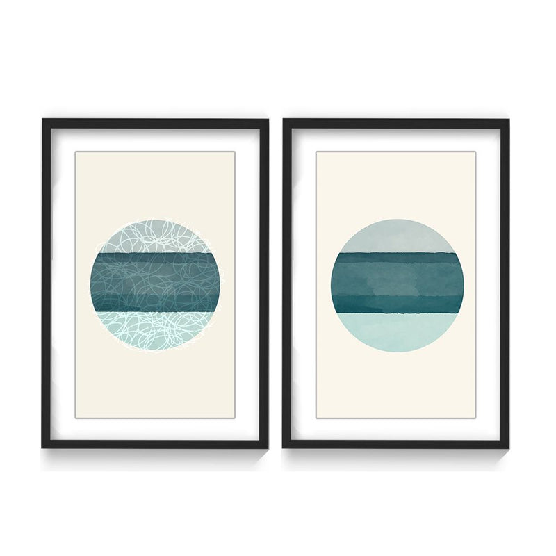 "Oceanic Duology: Abstract Circles Diptych" Framed Matted Print  Wall Art