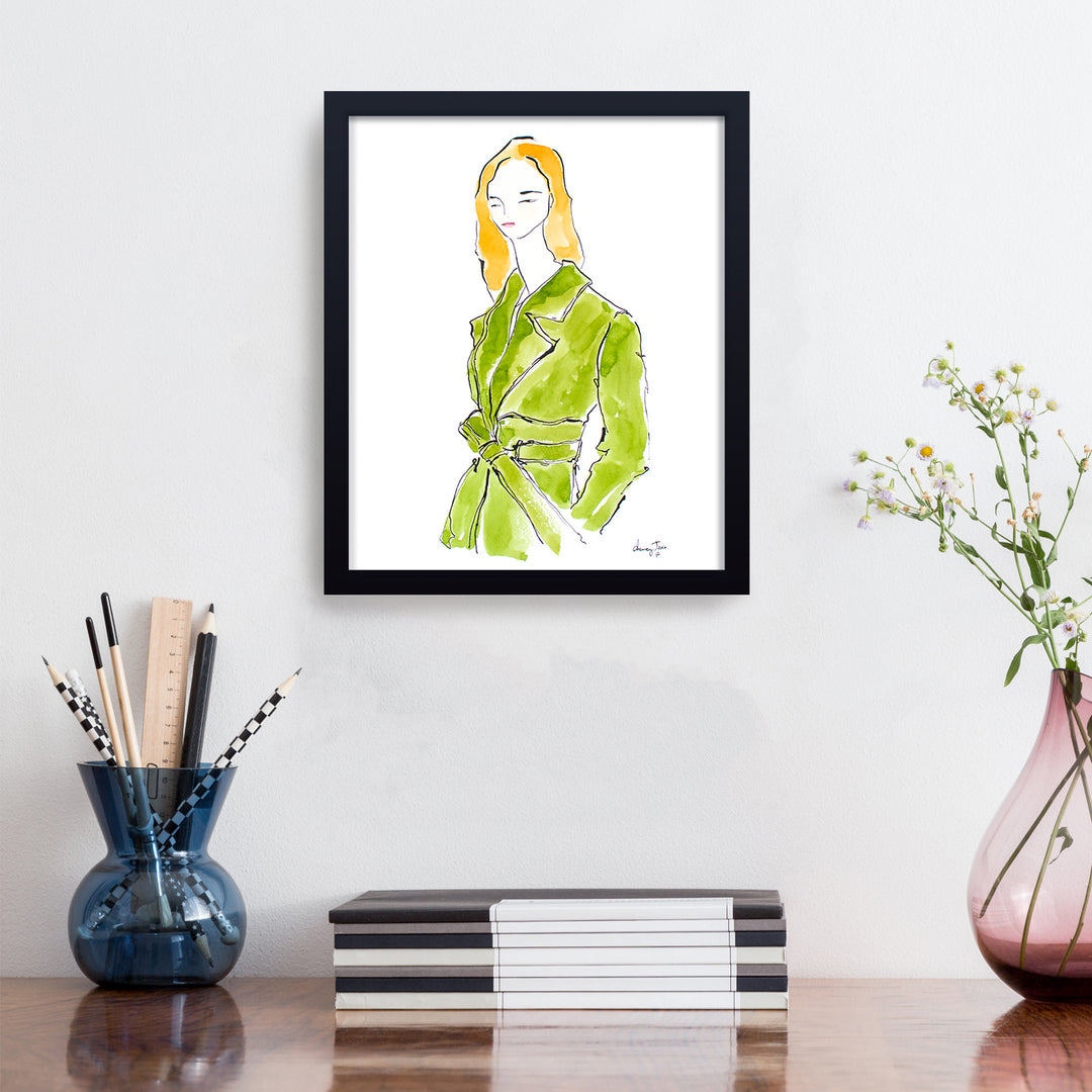 'Girl In Avocado Trench' Framed Print Wall Art
