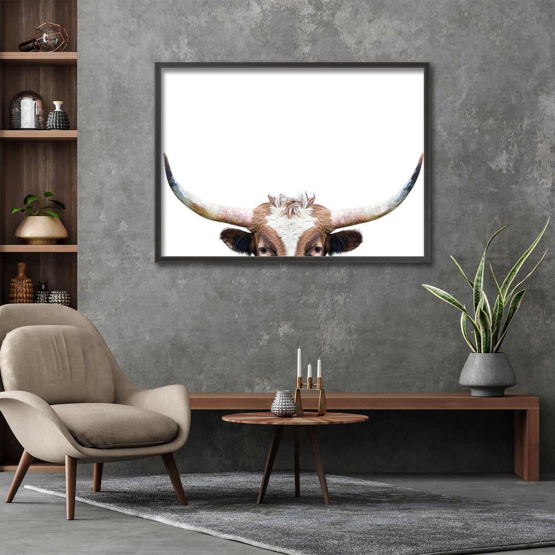 "Peeking Longhorn Cow" Framed Print Wall Art