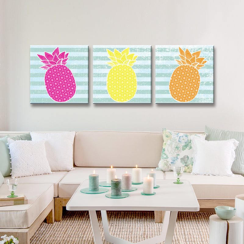 Starburst Pineapple III' 3 Piece  Wrapped Canvas Wall Art Set