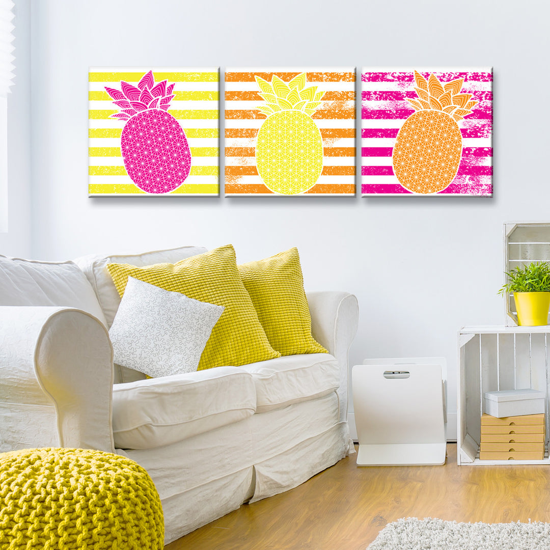 Starburst Pineapple III-B' 3 Piece  Wrapped Canvas Wall Art Set