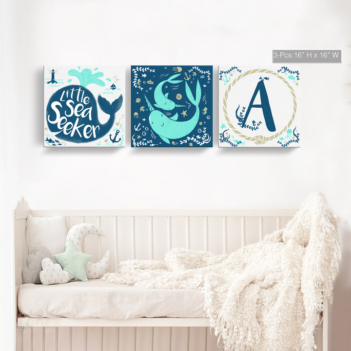 Sea Seeker' 3-Pc Wrapped Canvas Monogram Nursery Wall Art Set