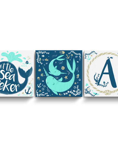 Sea Seeker' 3-Pc Wrapped Canvas Monogram Nursery Wall Art Set