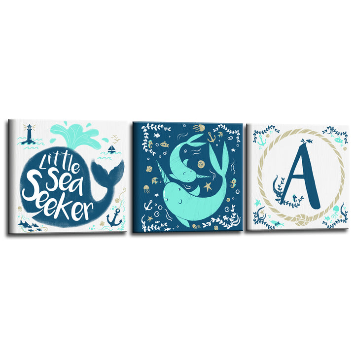 Sea Seeker' 3-Pc Wrapped Canvas Monogram Nursery Wall Art Set